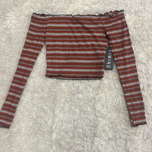 Ruffle off the shoulder striped long sleeve stretchy crop top ribbed tee